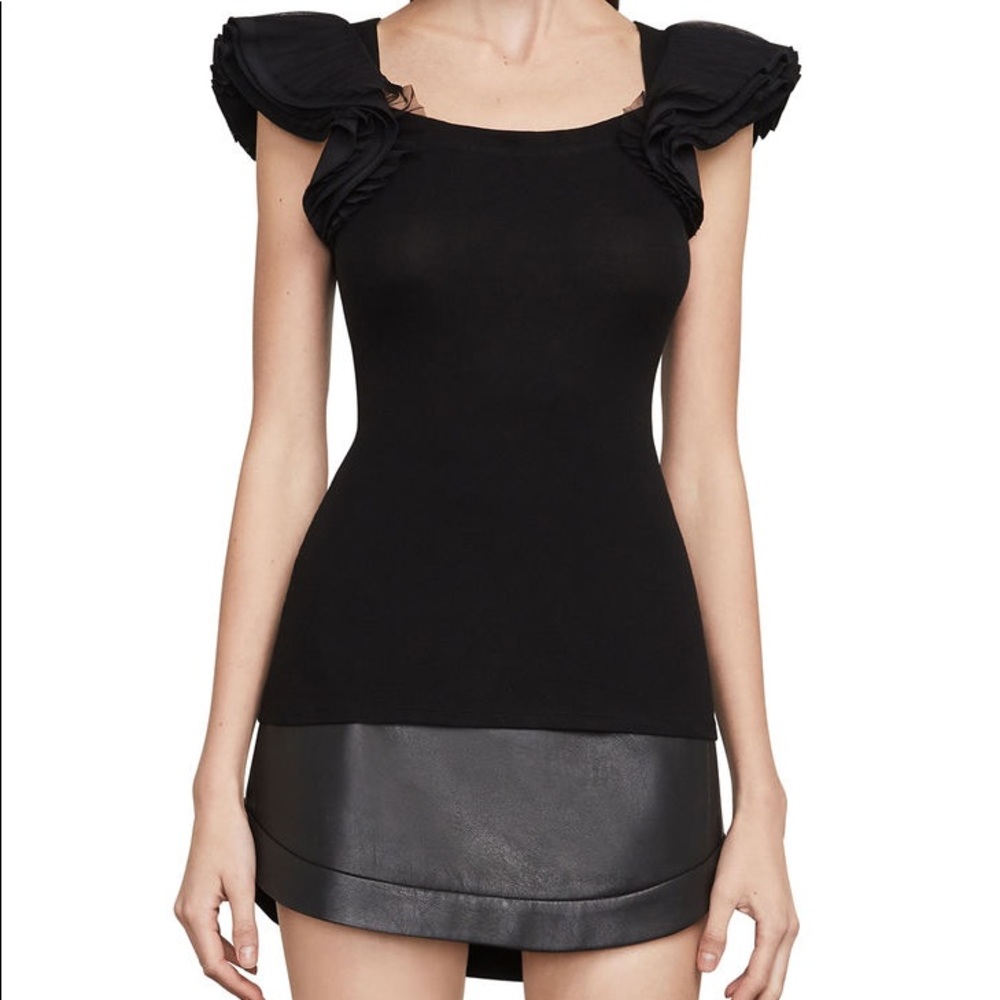 BCBG Black Pleated Ruffle Top